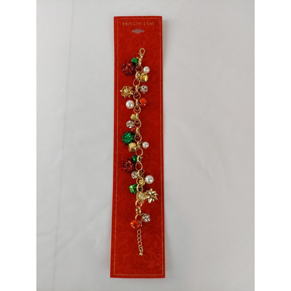Holiday Lane Tri-Tone  Crystal, Imitation Pearl & Bow Jingle Bell Charm Bracelet